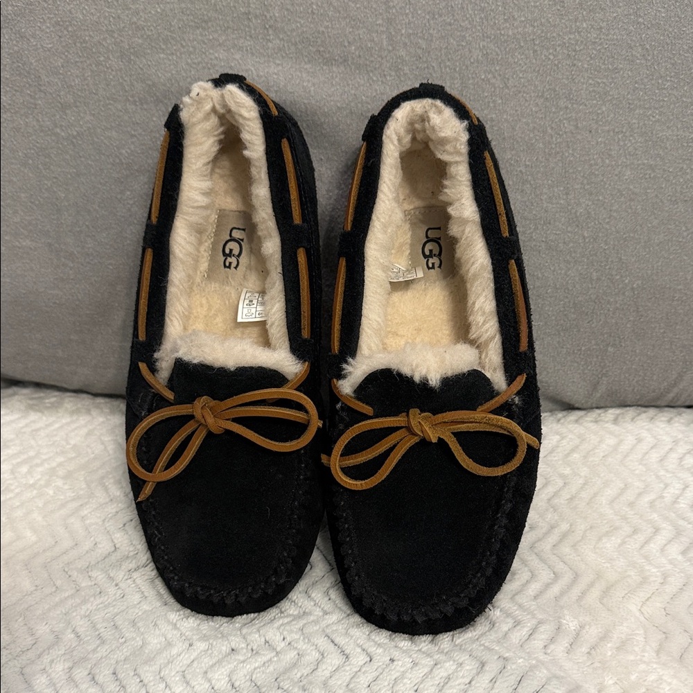 UGG Black Moccasin Slippers with Brown Accents